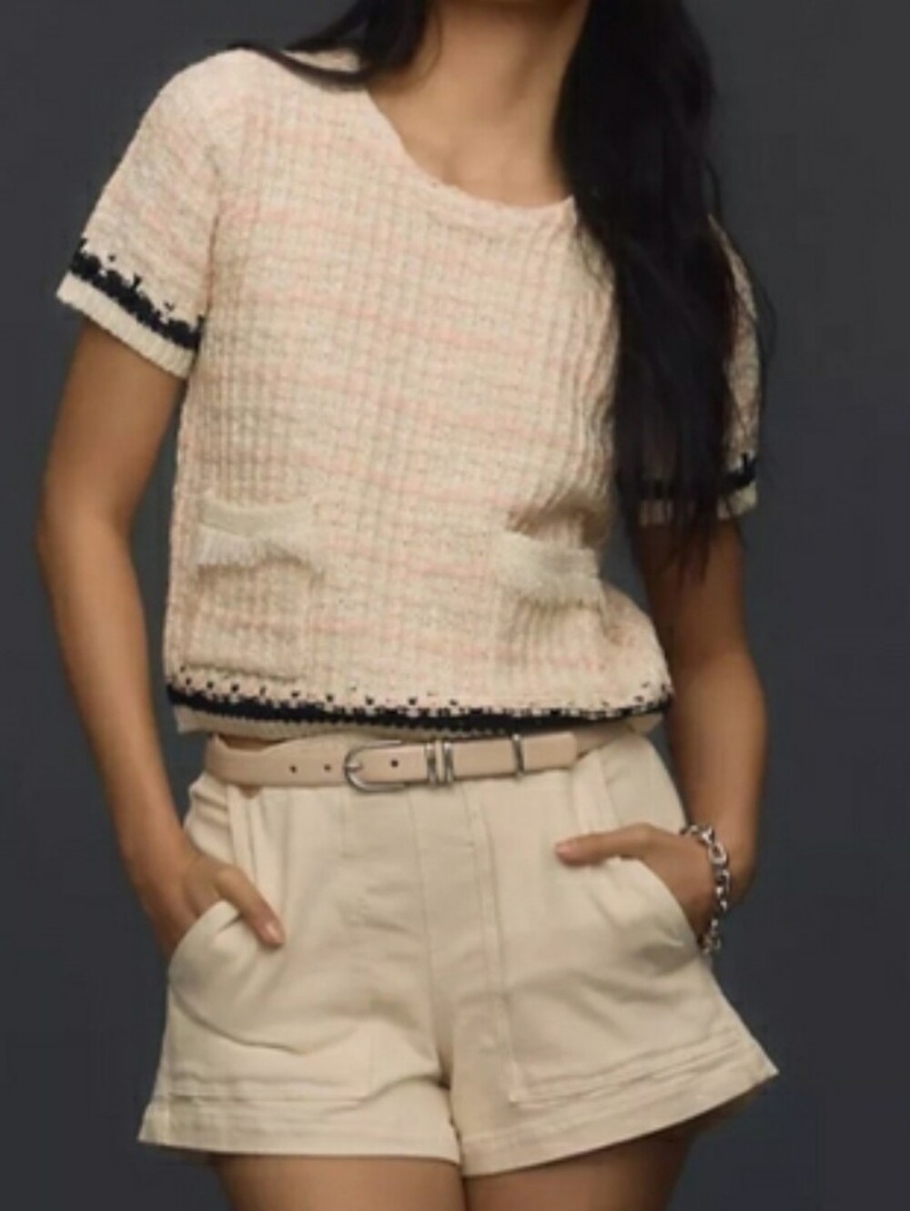 Anthropologie Plaid Tweed Knit Sweater Tee • Fringe Shimmer Pink Cream M - Picture 1 of 12
